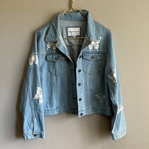 Women's Light Blue Denim Jacket with Butterfly Embroidery